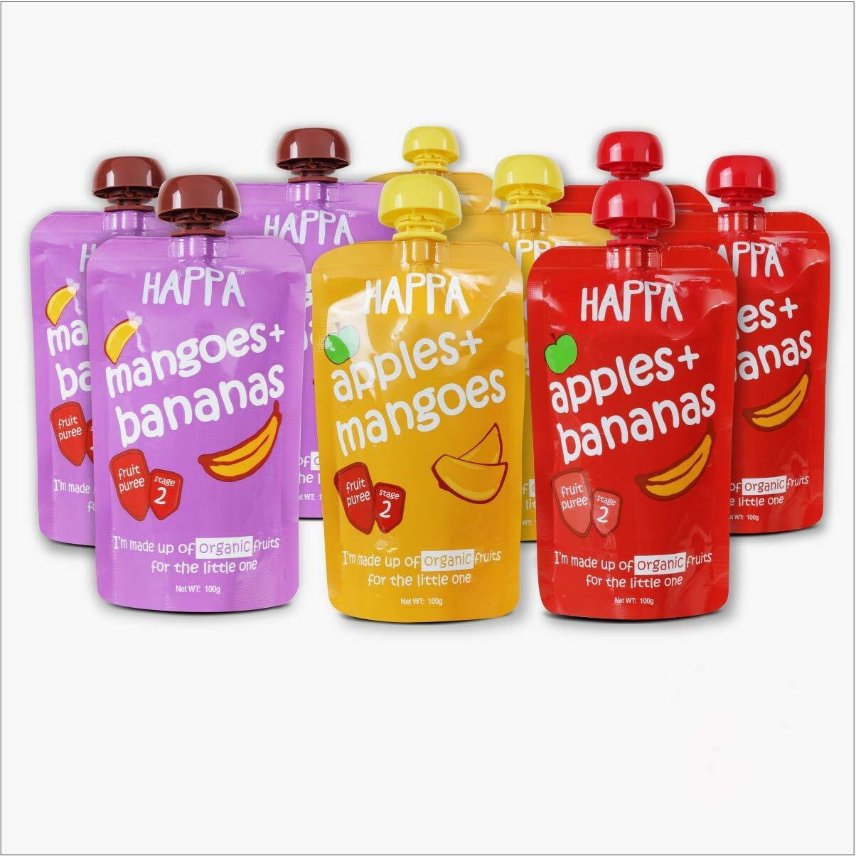 Happa Organic for Little one, Fruit Puree (Apple+Mango, Mango+Banana, Apple+Banana) Stage 2, 9 Pouches, 100 Gram Each