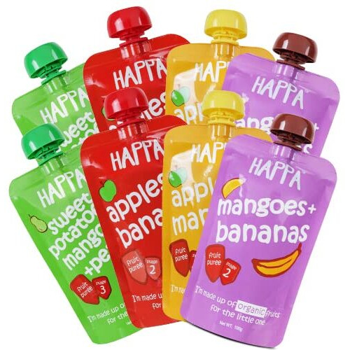 Happa Organic Food for little one, Fruit Puree (Apple+Mango, Mango+Banana, Apple+Banana, Sweet Potato+Mango+Pear) 8 Pouches, 100 Gram Each