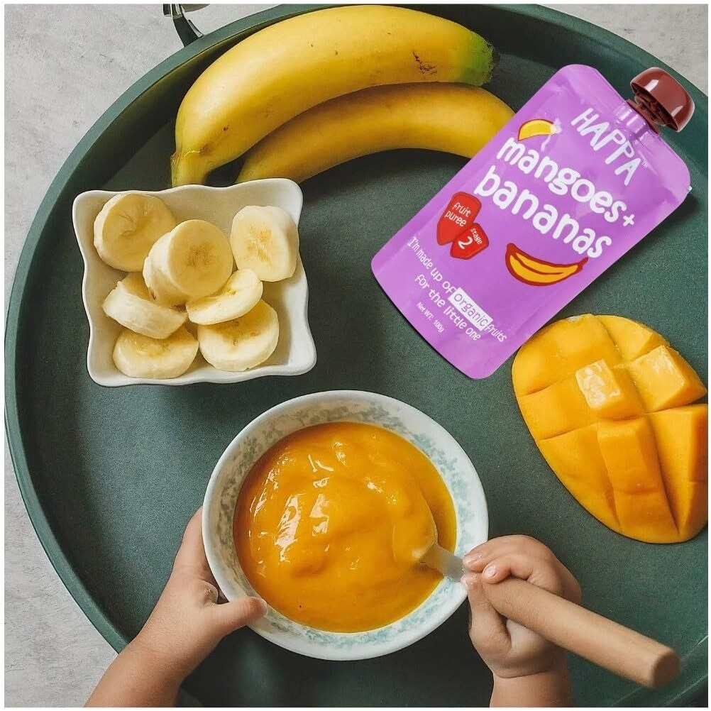 Happa Organic Food for little one, Fruit Puree (Apple+Mango, Mango+Banana, Apple+Banana, Sweet Potato+Mango+Pear) 8 Pouches, 100 Gram Each