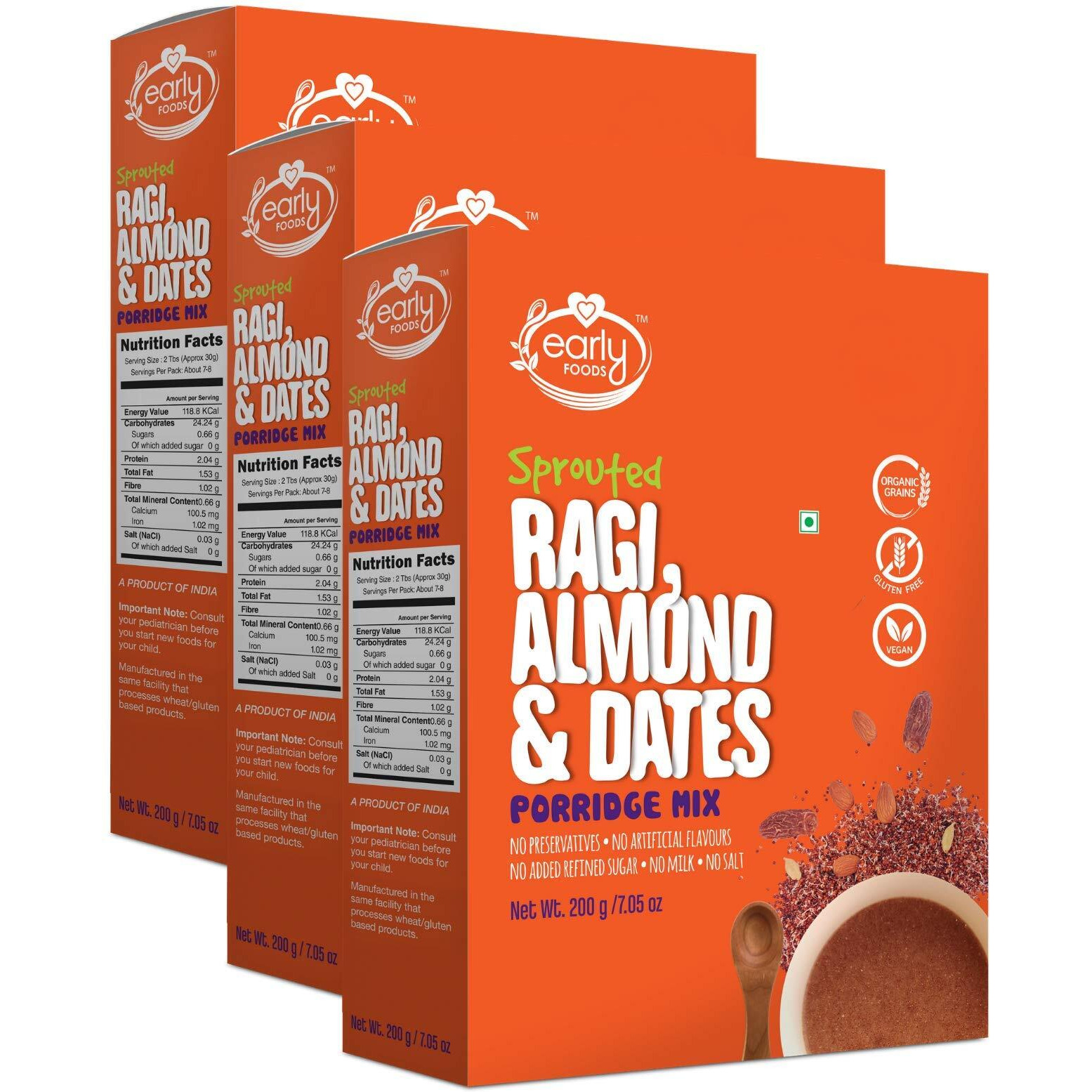 Early Foods - Pack of 3 - Sprouted Ragi Almond & Date Porridge Mix 200g X 3|Vegan|Sprouted ragi powder|Ragi Malt| Cereals For Kids