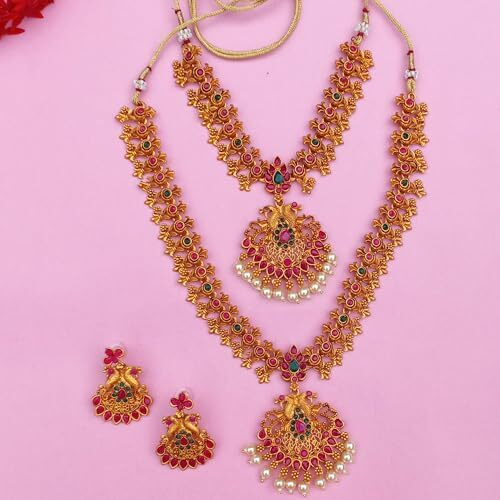 Estele Gold Plated Sublime Devotion Nakshi Antique Necklace Set with Colored Stones & Pearls for Women, Dull Gold