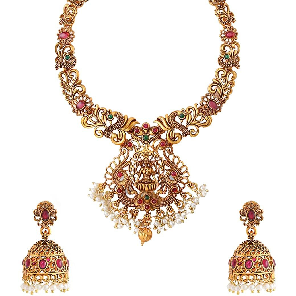 Yellow Chimes Necklace Set for Women And Girls Traditional Jewellery Set for Women Gold-Plated Temple Necklace Set Stone-Studded Necklace Set For Women & Girls