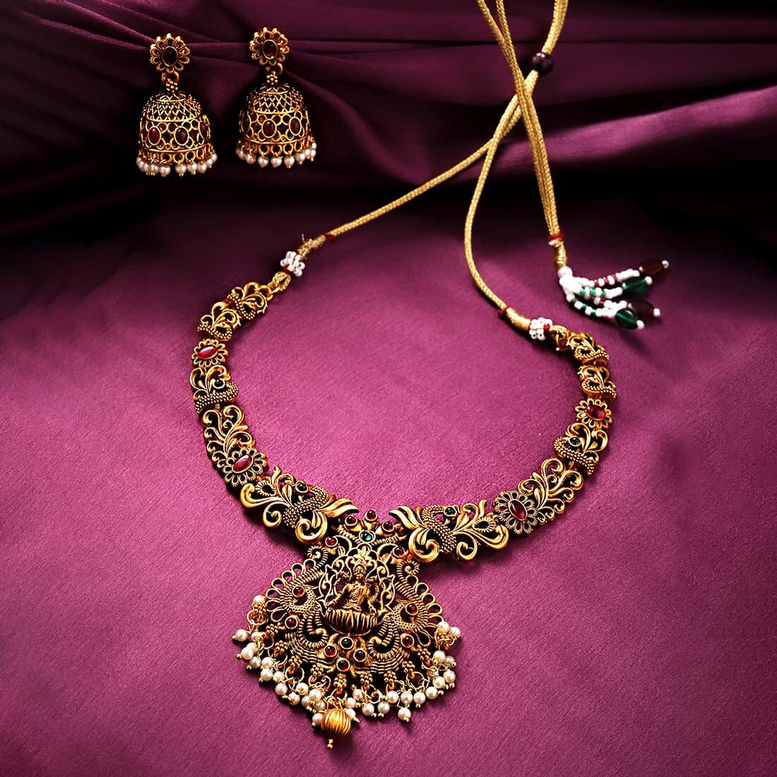 Yellow Chimes Necklace Set for Women And Girls Traditional Jewellery Set for Women Gold-Plated Temple Necklace Set Stone-Studded Necklace Set For Women & Girls