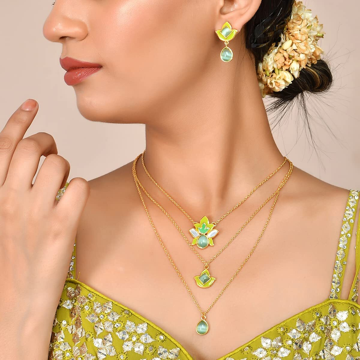 VOYLLA Forever More Green Layered Necklace set for women