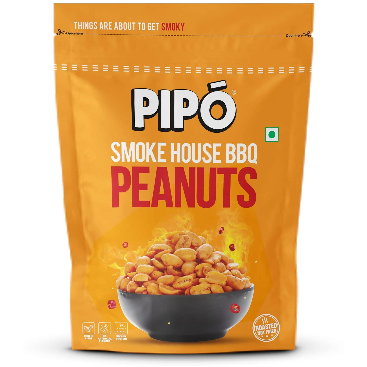 PIPO Roasted Peanuts, Smoke House BBQ Flavour | Rich in Protein & Fibre | No Artificial Flavour | Roasted, Not Fried Snacks| 130g Pouch Pack