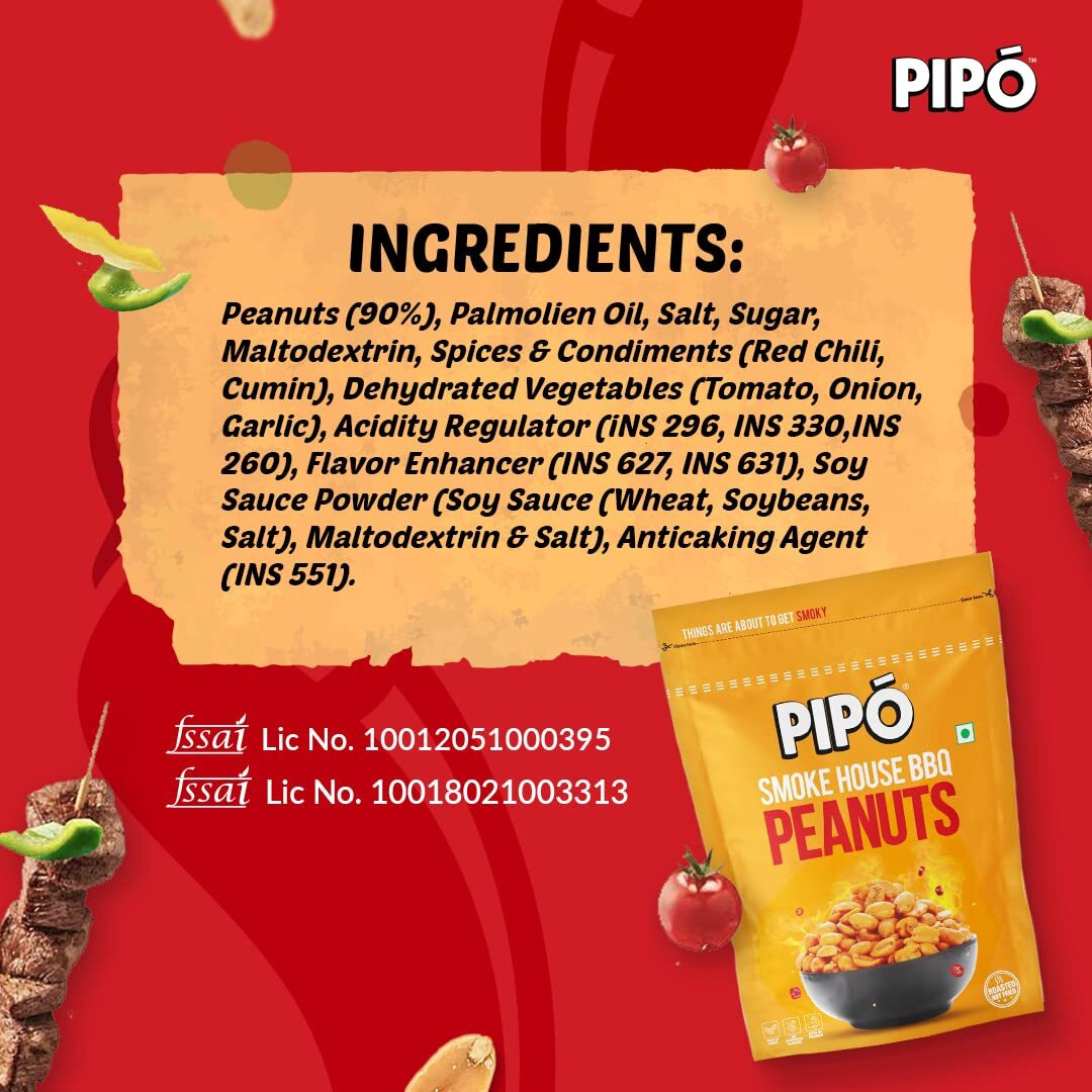 PIPO Roasted Peanuts, Smoke House BBQ Flavour | Rich in Protein & Fibre | No Artificial Flavour | Roasted, Not Fried Snacks| 130g Pouch Pack