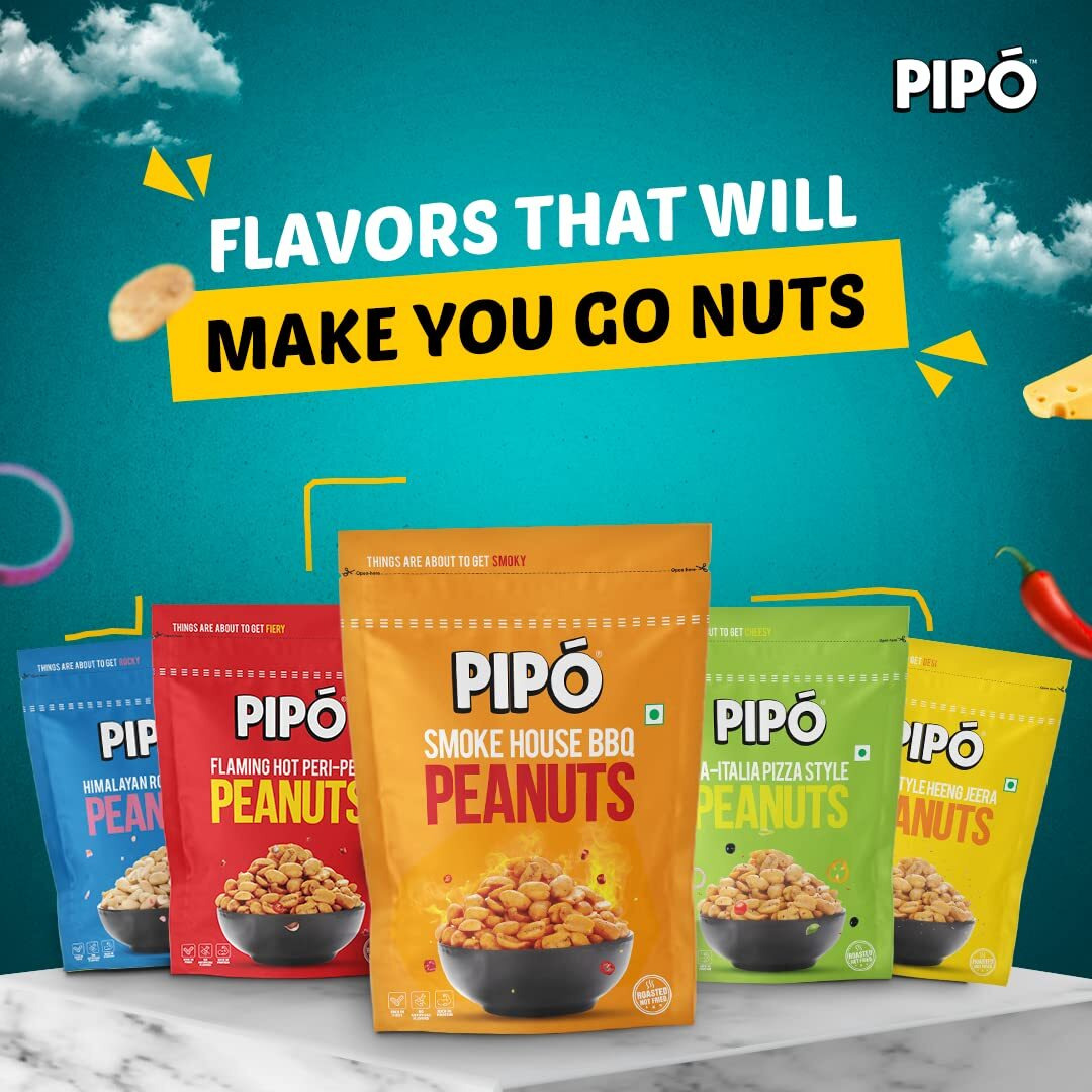 PIPO Roasted Peanuts, Smoke House BBQ Flavour | Rich in Protein & Fibre | No Artificial Flavour | Roasted, Not Fried Snacks| 130g Pouch Pack