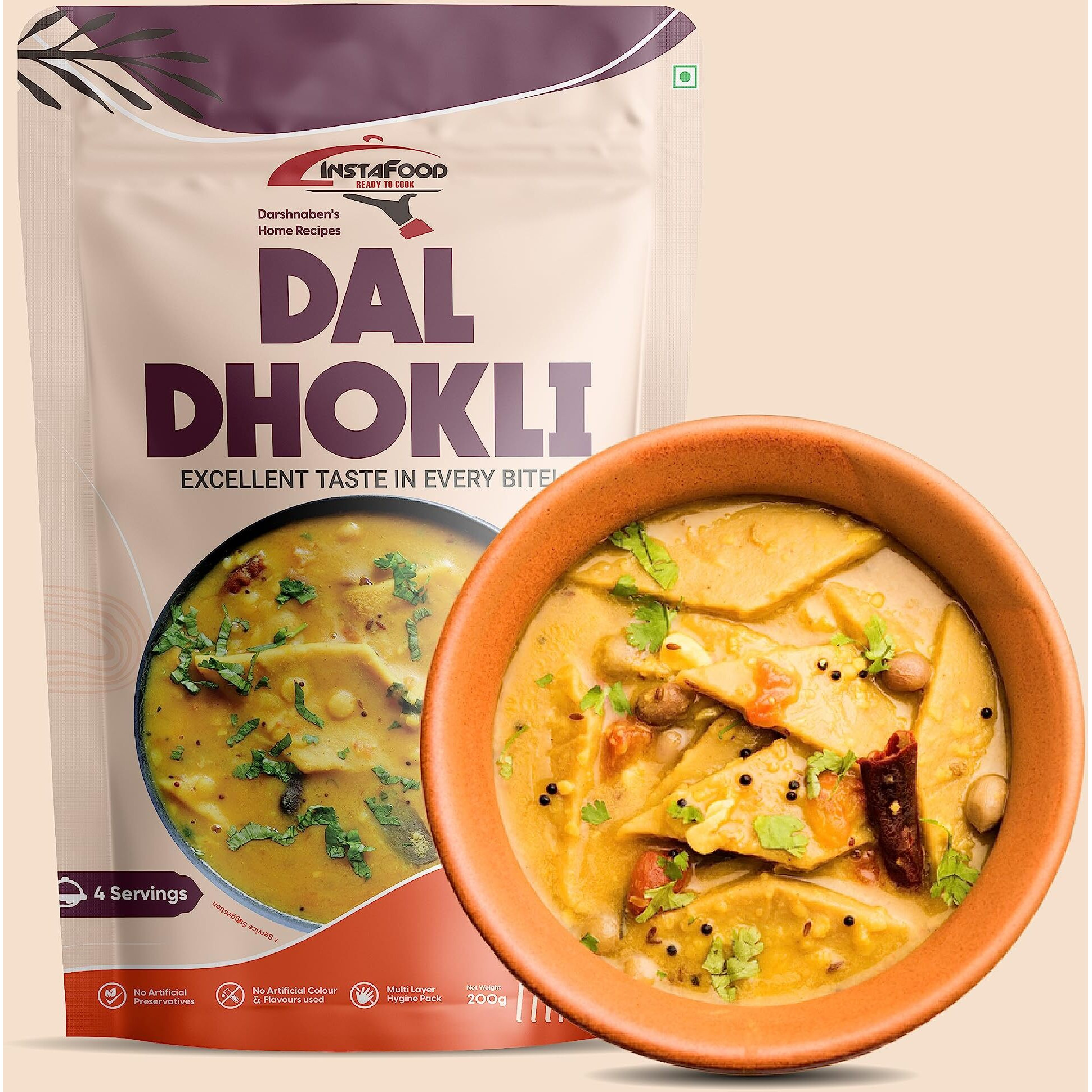 INSTAFOOD Gujarati Dal Dhokli | Ready to Eat & Cook Meal | 3-4 Servings |Pack of 1 (200g)| After Cooking Gets 1.2KG to Serve | Zip Lock Packaging | Vegetarian Meal| Just Add Water and Cook