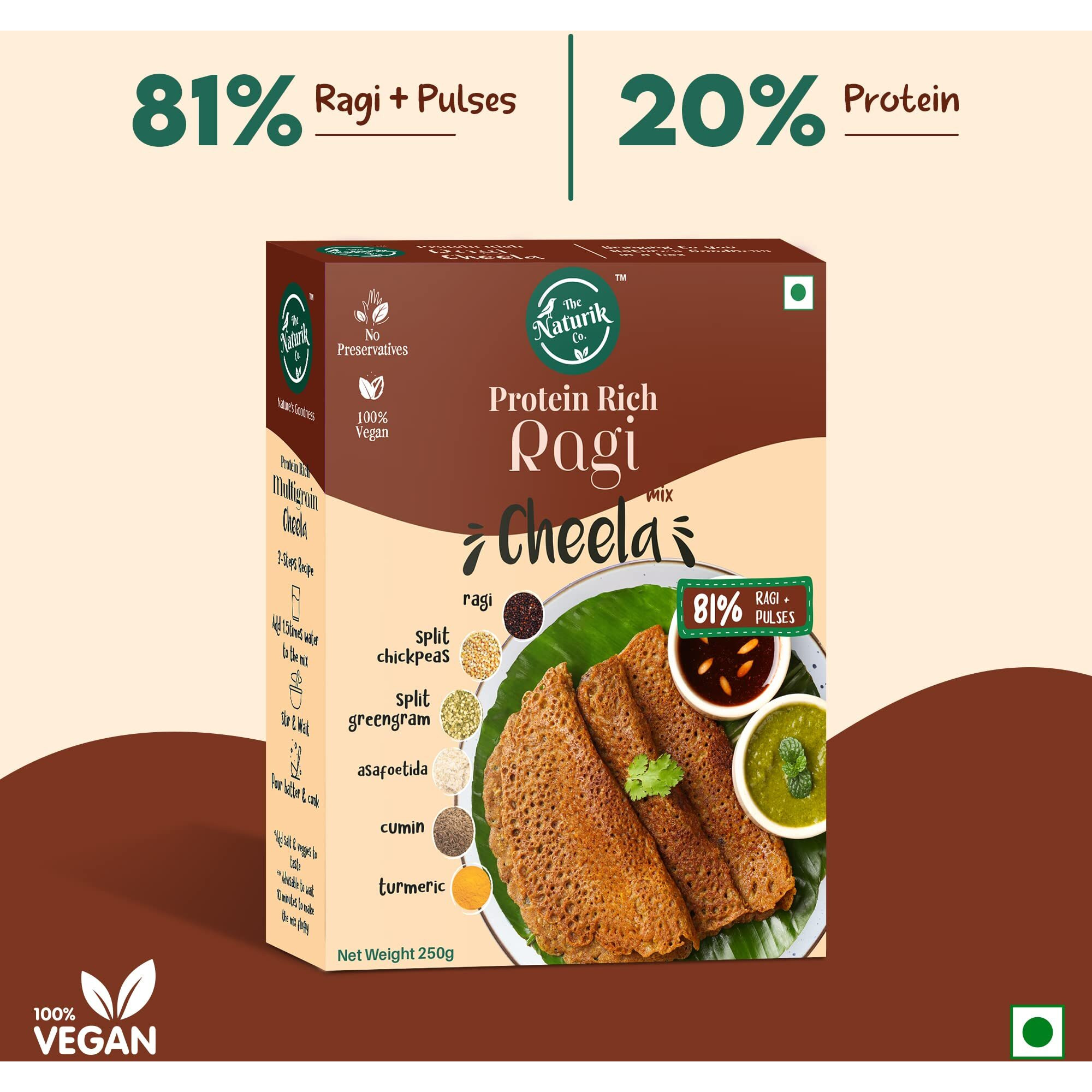 The Naturik Co Ragi Cheela Mix Combo - 250 G (Pack of 2), Ready to Cook Chilla/Dosa |Healthy & Instant Breakfast | Millet |81% Ragi & Pulses, 20G Protein| Anytime Snack for Kids and Family