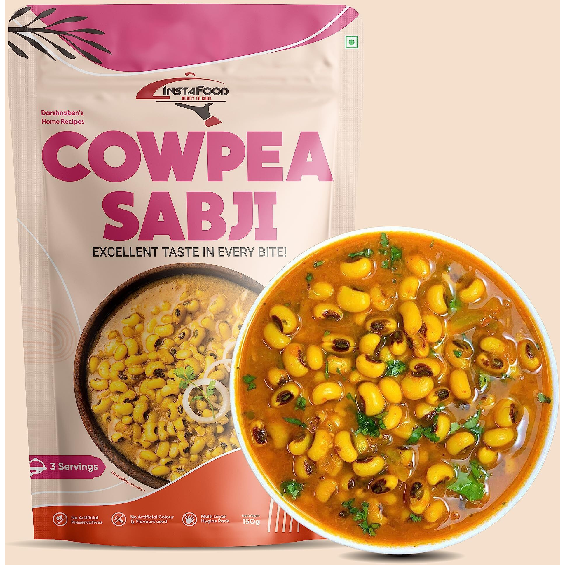 INSTAFOOD Cowpea (Choli) Sabji | Ready to Eat & Cook Meal | 3-4 Servings | Pack of 1 (150g) | After Cooking Gets 700G to Serve | Zip Lock Packaging | Vegetarian Meal | Just Add Water and Cook