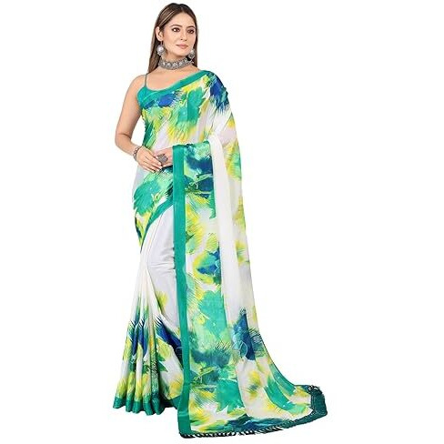 rangita Women Abstract Printed Designer chiffon Saree With Blouse Piece -Mint Green