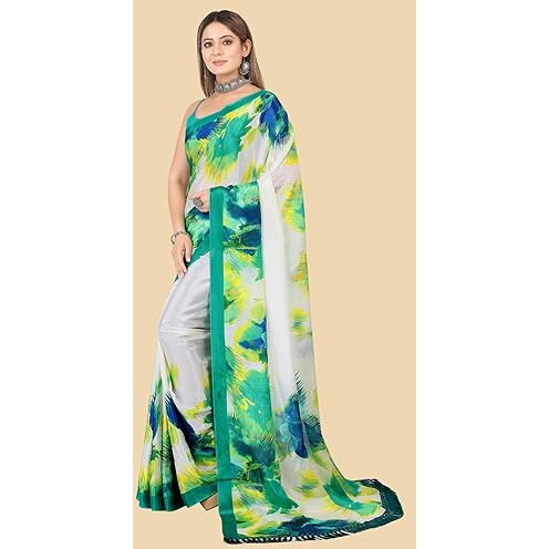 rangita Women Abstract Printed Designer chiffon Saree With Blouse Piece -Mint Green