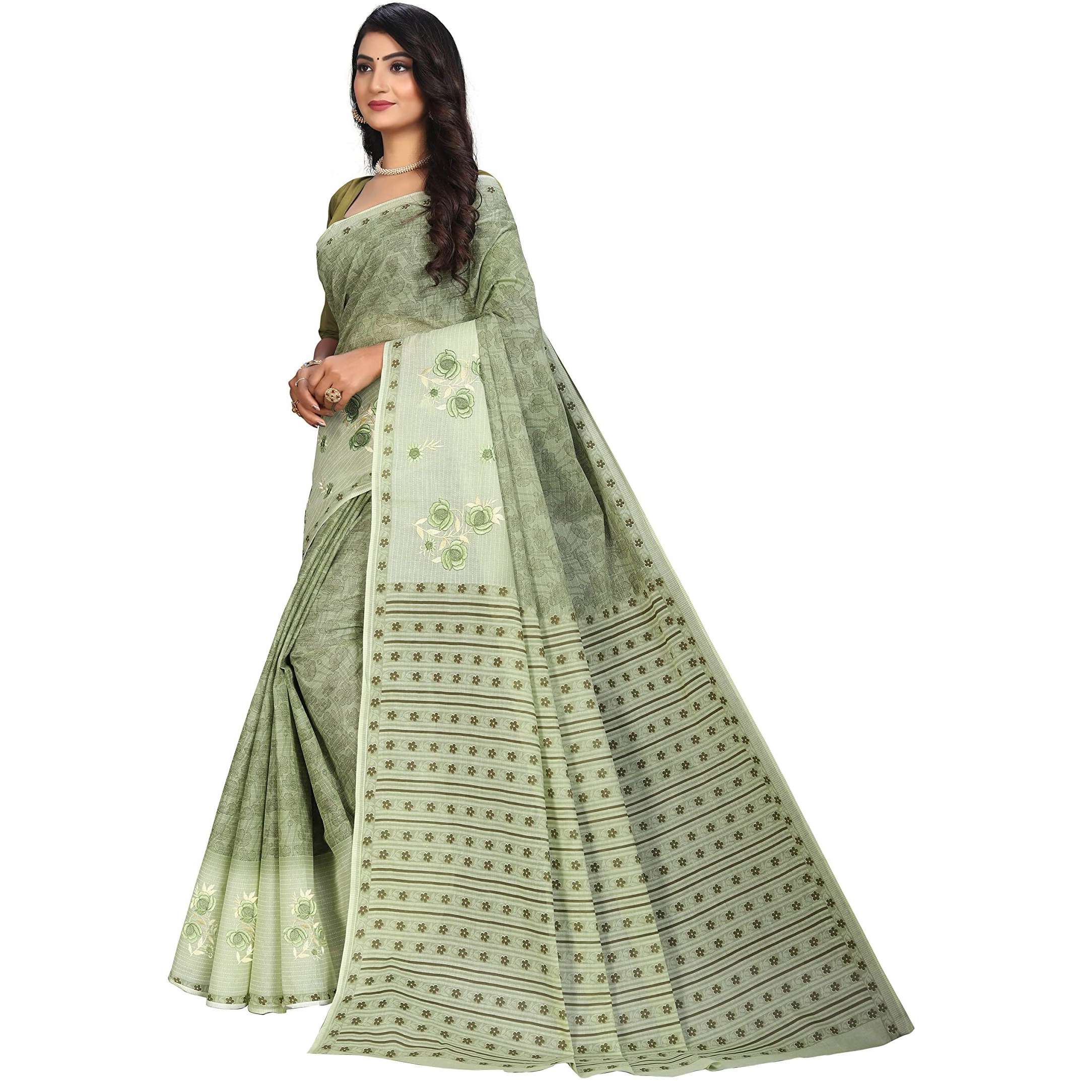 RATAN Pure Cotton Print + Embroidery Mul Mul Saree for Women (PSTAR-9002_Green)