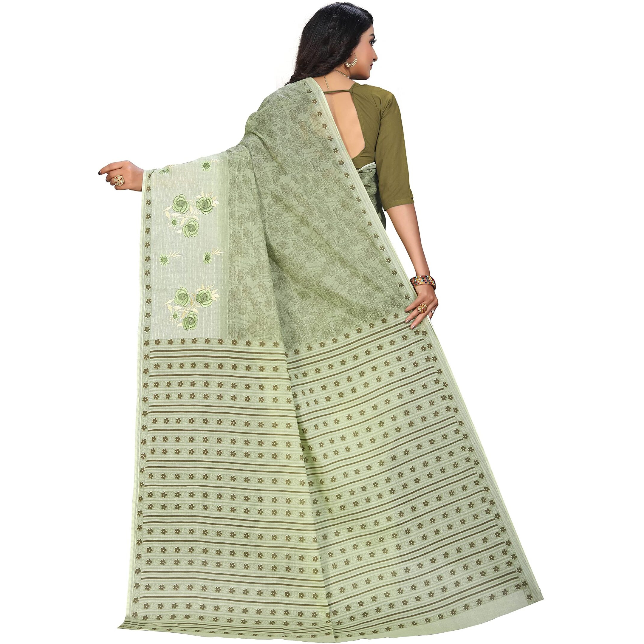 RATAN Pure Cotton Print + Embroidery Mul Mul Saree for Women (PSTAR-9002_Green)