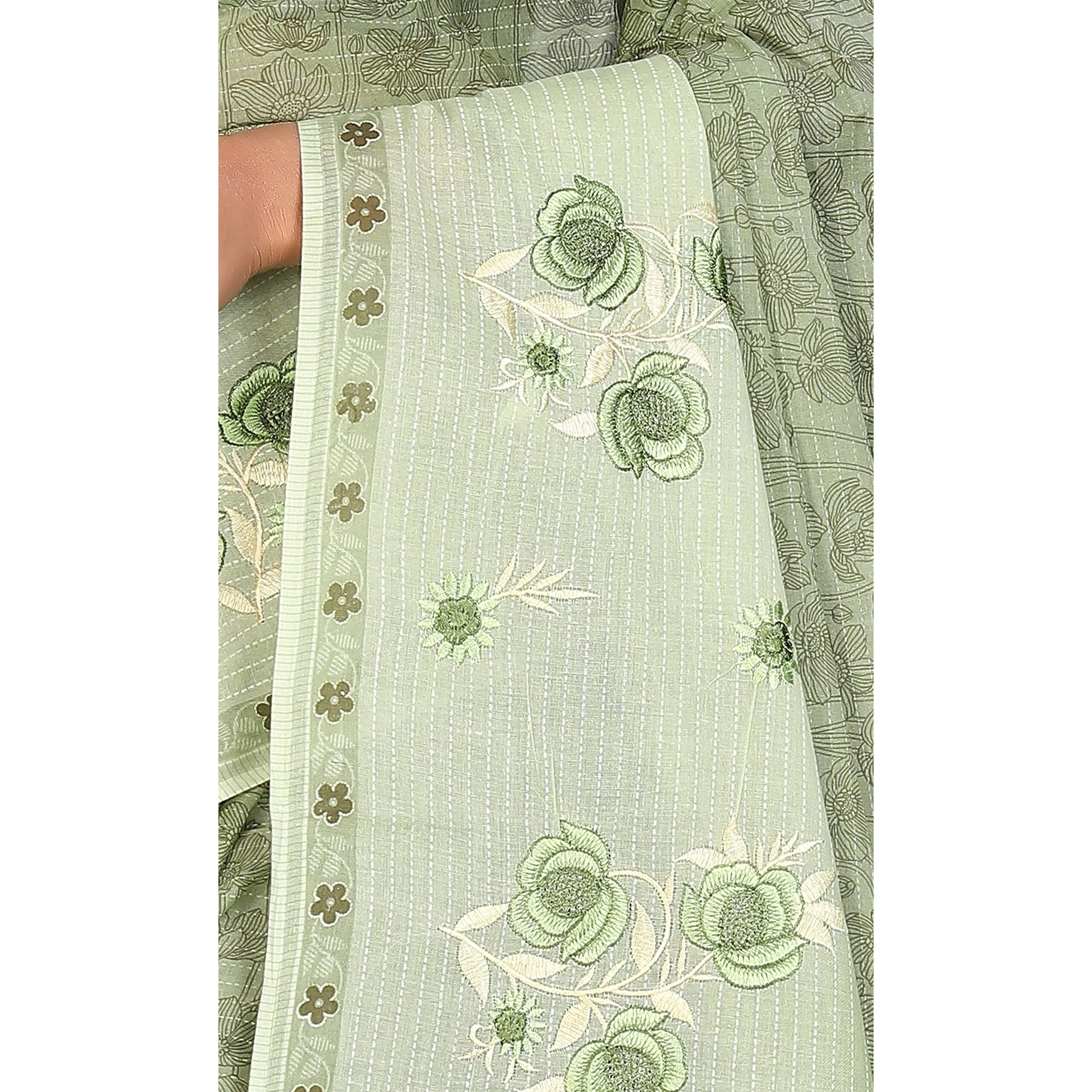 RATAN Pure Cotton Print + Embroidery Mul Mul Saree for Women (PSTAR-9002_Green)