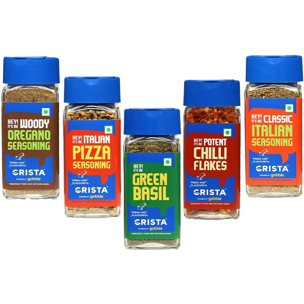 CRISTA Italian Spices & Seasonings Combo- 1 | Oregano Seasoning x 1, 50 gms | Pizza Seasoning x 1, 40 gms | Basil x 1, 15 gms | Italian Seasoning x 1,40 gms | Chilli Flakes x 1, 30 gms| Pack of 5