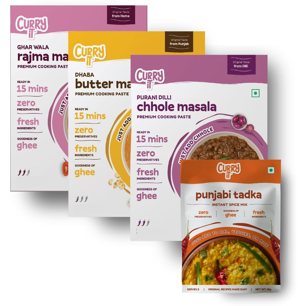 CURRYiT North India Masala Kit | Rajma, Chole, Butter Masala & Punjabi Dal Tadka | Ready to Cook Curry Paste & Instant Tadka Mix | Pack of 4-400g