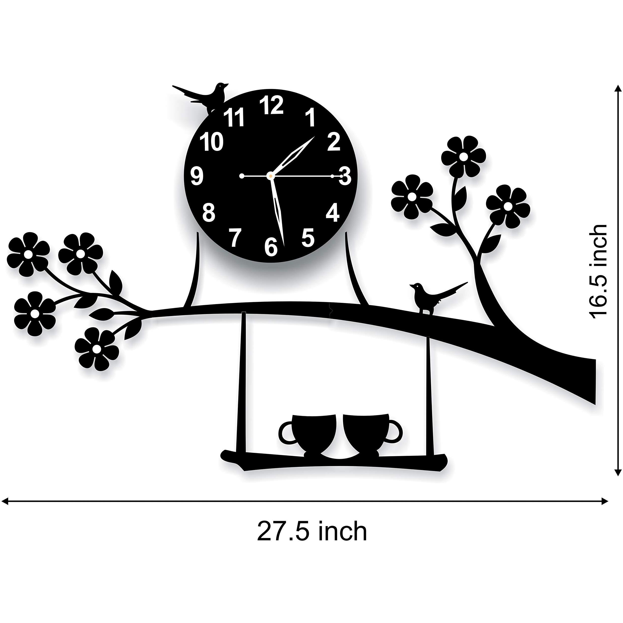 invision1 Plastic 3D Acrylic Tree Birds Coffee Cup On Jhula Design Wall Clock (Black, 69.9 x 41.9 x 1.3 cm) Analog