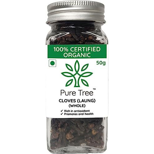 Pure Tree Certified Organic Laung | 50 g | Glass Jar | Organic Cloves Whole | Lavang Whole Spices | Aromatic & Flavorful Clove Seeds Khada Masala | Dried Cloves | lavangam