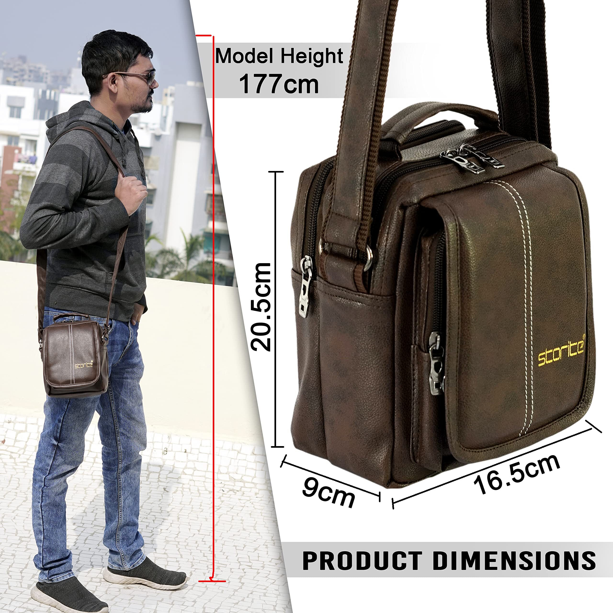 Storite 8 Inch Stylish Pu Leather Multi-Pocket Small Sling Cross Body Travel office Messenger One Side Shoulder Handbag for Men & Women (Brown,20.5x9x16.5cm)