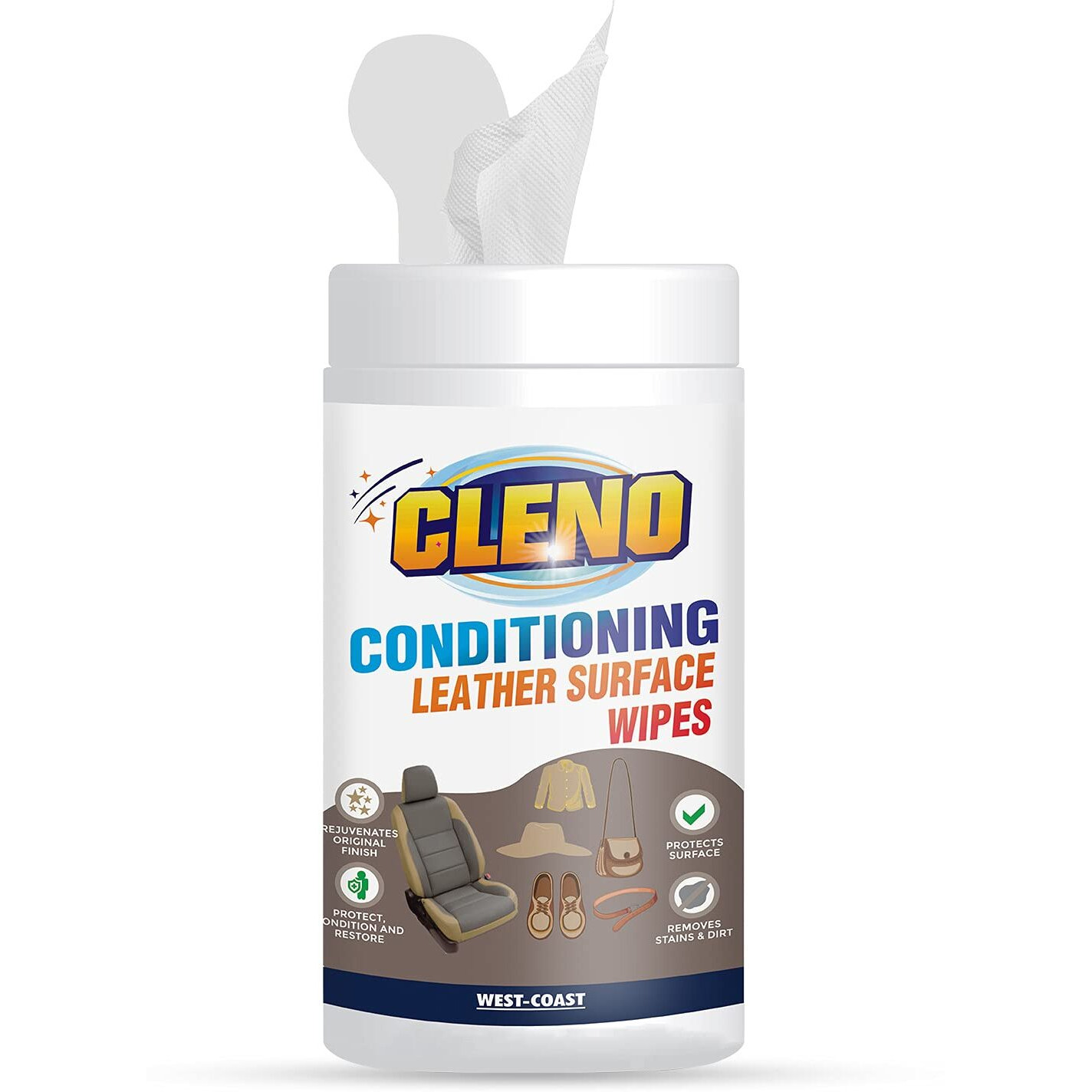 Cleno Conditioning Leather Surface Wet Wipes For Sofas/Bags/Leather Clothes/Car Seat/leather Interior/Luggage/Briefcases/Shoes/Handbags Restores polish & Gives Shine - 50 Wipes (Ready to Use)