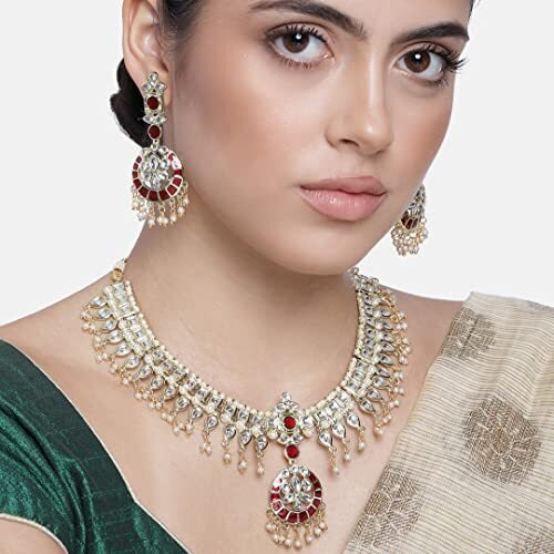 Estele Jewellery For Women Gold Plated Resplendent Kundan Studded Adjustable Necklace Set with White Pearls & Red Enamel for Women-9739-IG NKER