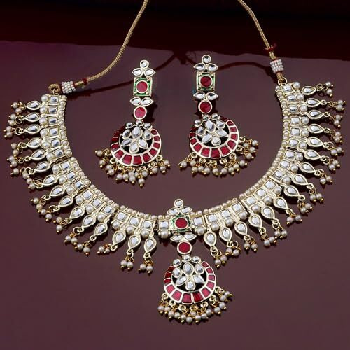 Estele Jewellery For Women Gold Plated Resplendent Kundan Studded Adjustable Necklace Set with White Pearls & Red Enamel for Women-9739-IG NKER