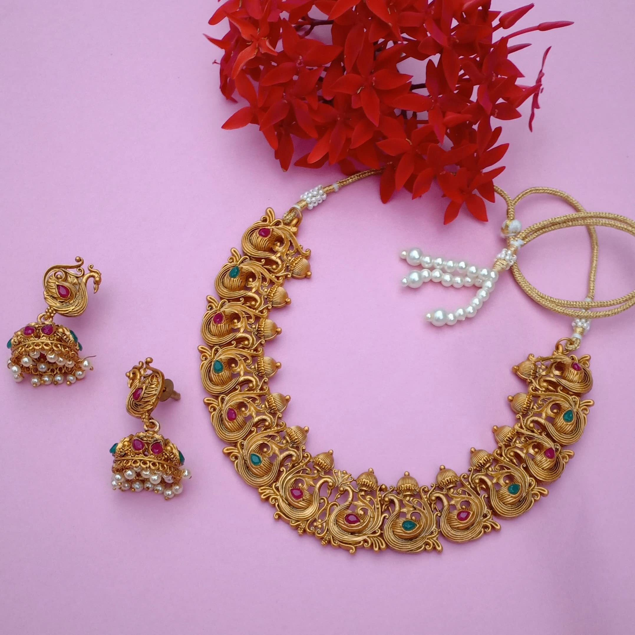 Estele Gold Plated Holy Swans Designer Nakshi Necklace Set with Colored Stones and Pearls for Women