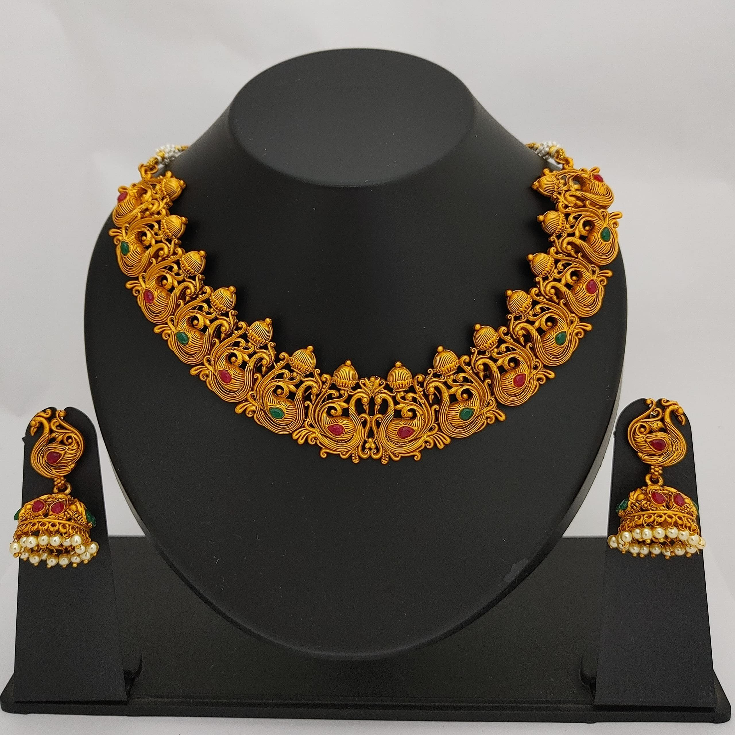 Estele Gold Plated Holy Swans Designer Nakshi Necklace Set with Colored Stones and Pearls for Women