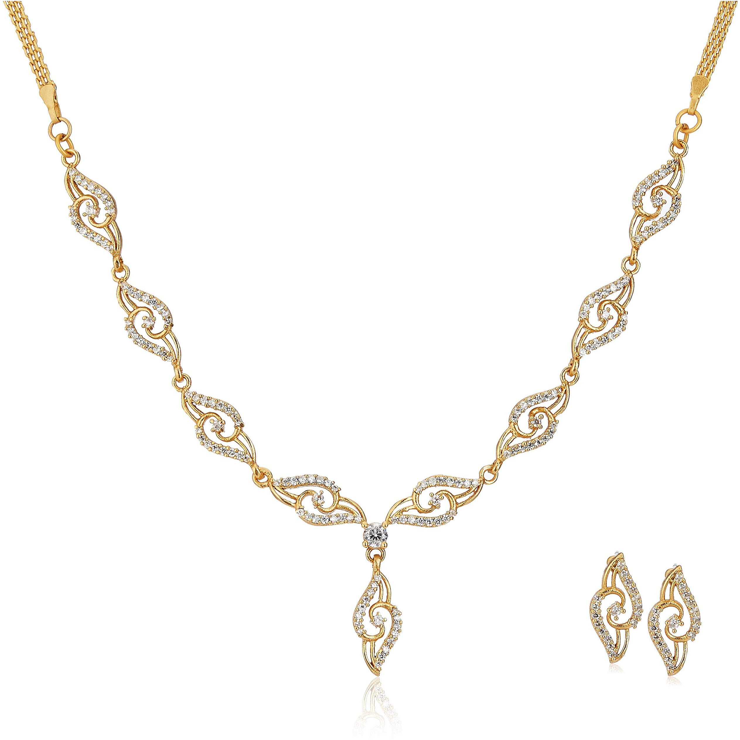 Estele Gold Plated Oval Twirl American Diamond Necklace Set for Women