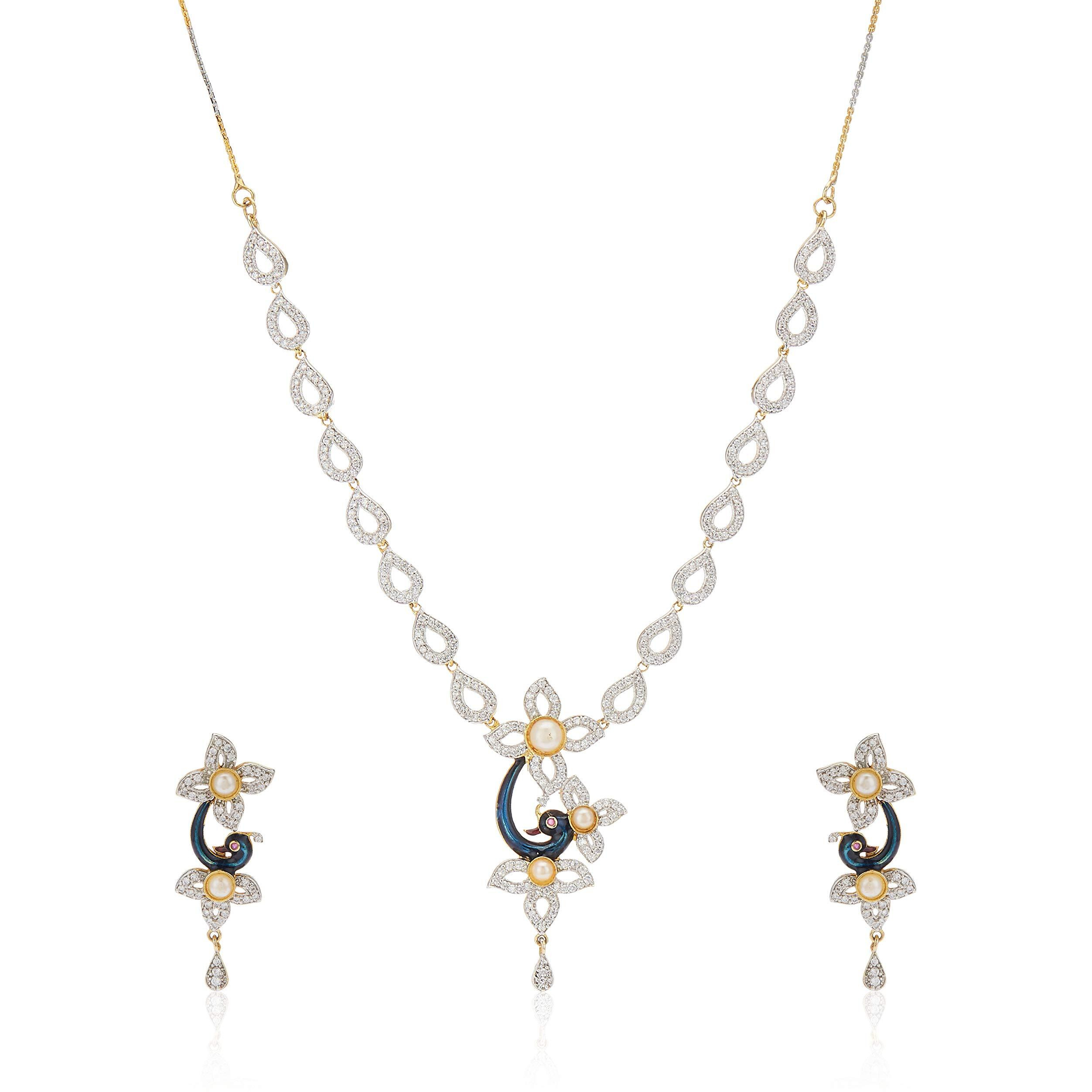 Estele 24 Kt Gold Plated Peacock Shaped in American Diamond Necklace Set for Women