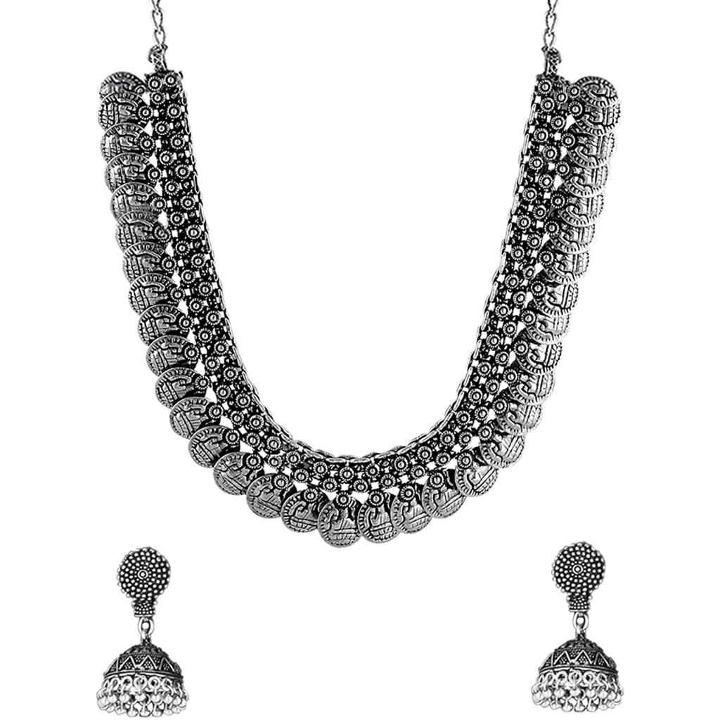 Yellow Chimes Ethnic German Silver Oxidised Coin Designed Choker Necklace Set with Earrings Traditional Jewellery Set for Women and Girls