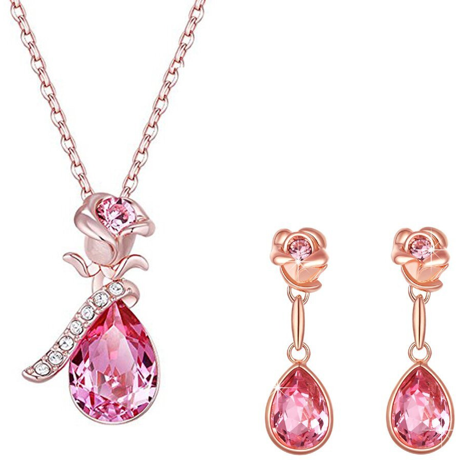 Yellow Chimes Swarovski Pendant Set for Women Pink Crystals from Swarovski Rosegold Plated Floral Pendant Set for Women and Girls