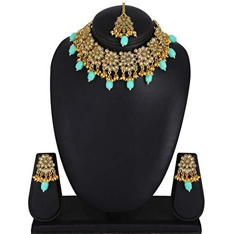 Yellow Chimes Ethnic Gold Plated Floral Design Studded Kundan Jewellery Set Traditional Choker Necklace Set for Women and Girls