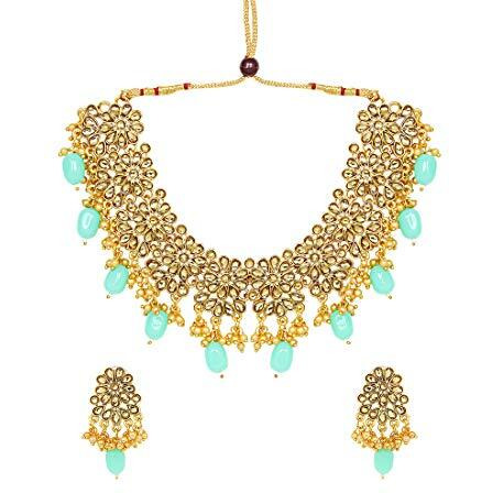 Yellow Chimes Ethnic Gold Plated Floral Design Studded Kundan Jewellery Set Traditional Choker Necklace Set for Women and Girls