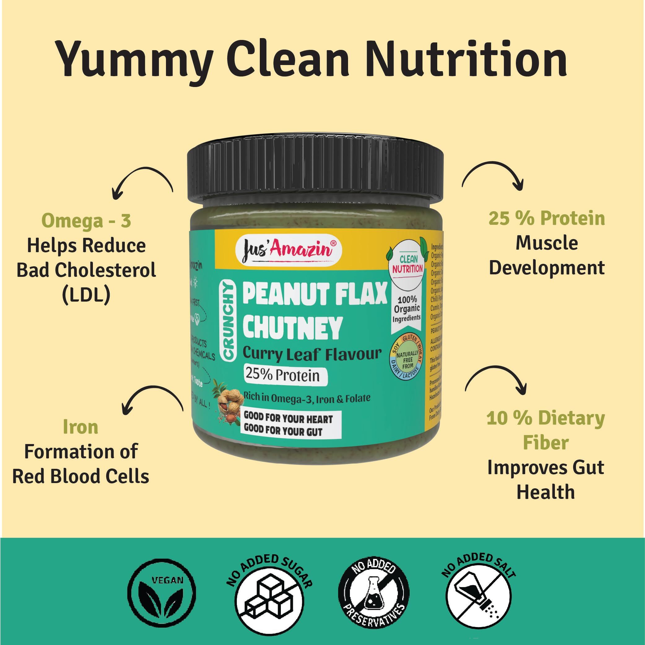 Jus Amazin Organic Peanut Flax Chutney - Curry Leaf Flavour (200g)|Perfect with Dosas & Idlis|High Protein, Omega 3|Plant Based, 0% Chemicals (No Emulsifiers, INS or E Ingredients)|Clean Nutrition