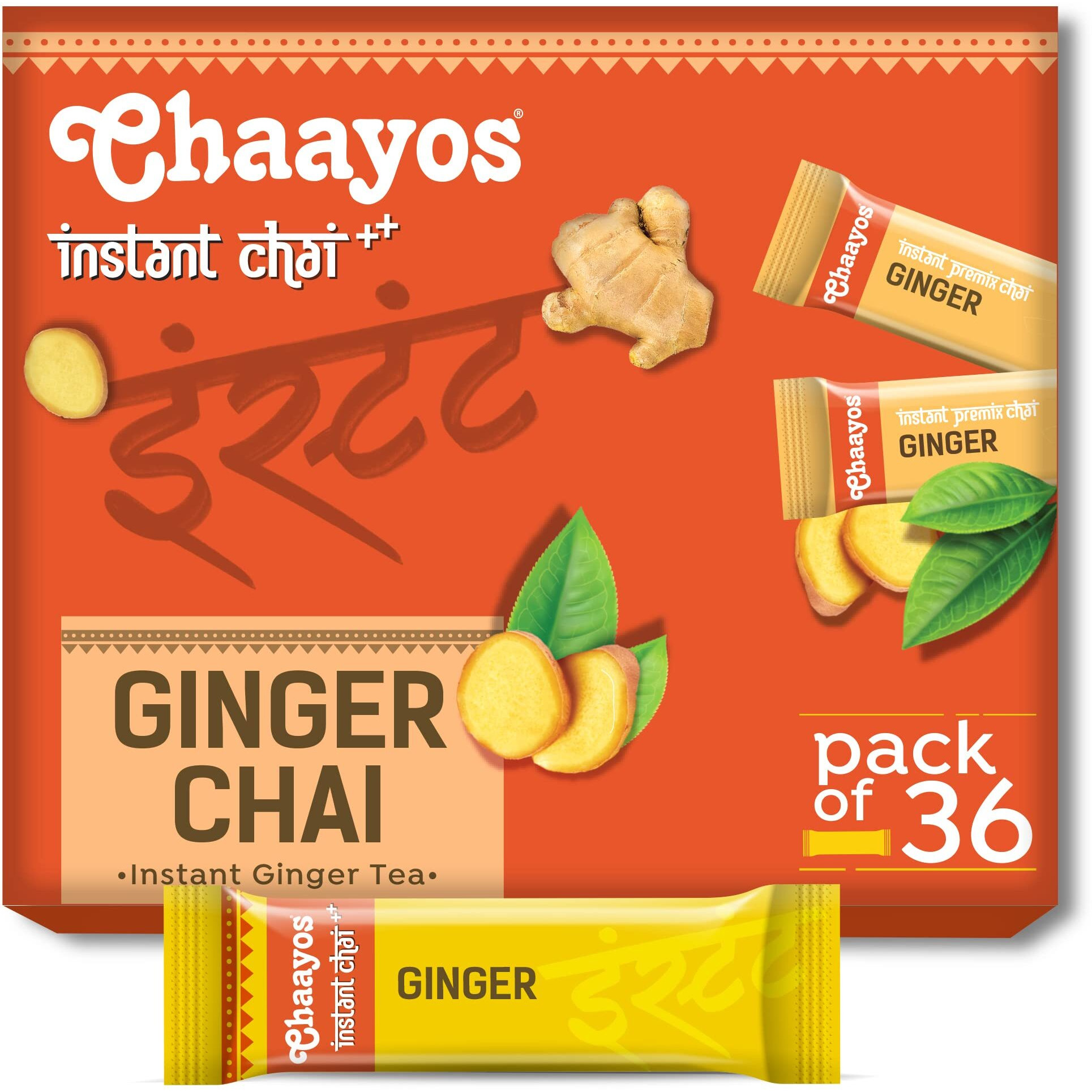 Chaayos Assam Instant Tea Premix - Ginger - Regular Sugar (14Gm * 36 Sachets) (Makes 100 Ml), Ginger Tea, Adrak Chai, 1 Min Tea Powder