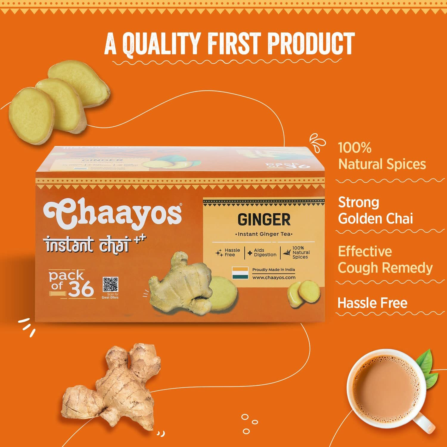 Chaayos Assam Instant Tea Premix - Ginger - Regular Sugar (14Gm * 36 Sachets) (Makes 100 Ml), Ginger Tea, Adrak Chai, 1 Min Tea Powder