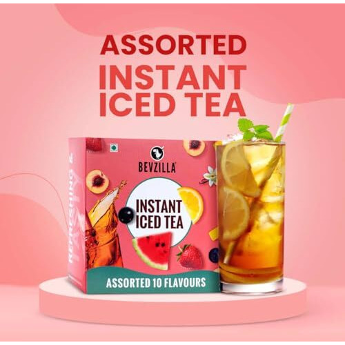 Bevzilla Iced Tea Powder Assorted 10 Flavours Pack, Ice Brew, Cold Brew, Strong and Highly Flavourful, No Artificial Ingredients, 30 Calorie Instant Ice Tea Powder, 30 GM each sachet x 10