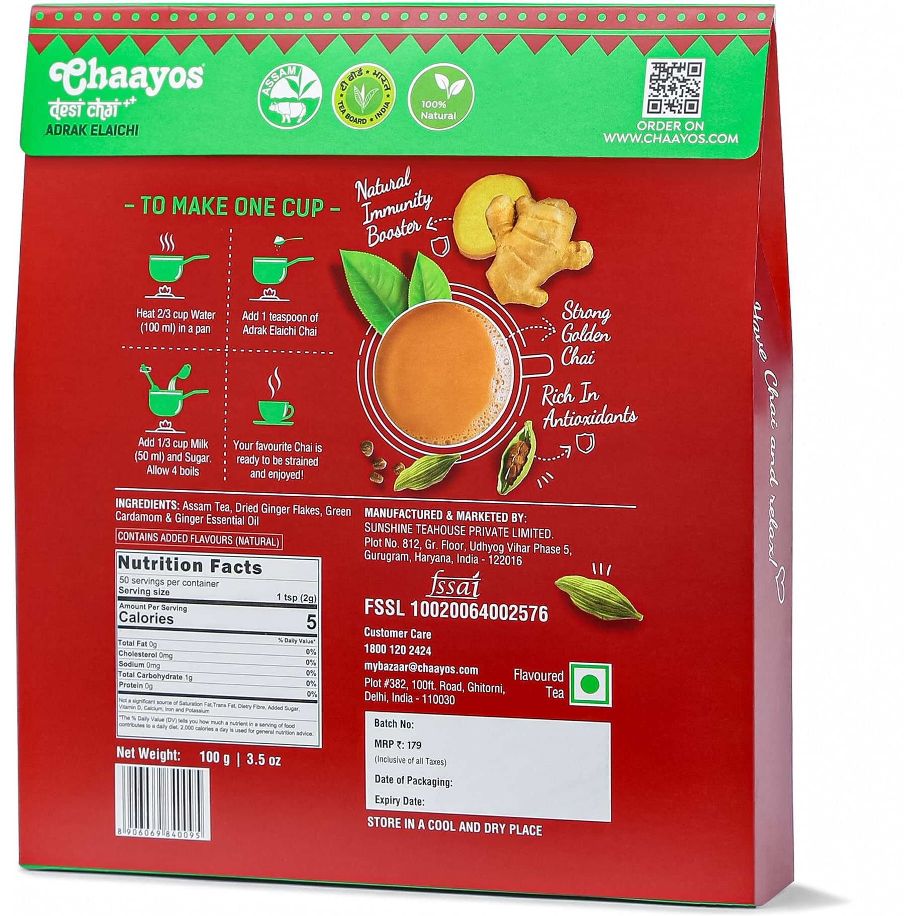 Chaayos Adrak Elaichi Tea (Ginger and Cardamom) - Premium Desi Chai Patti for Authentic Masala Flavour | Immunity Booster- 100g [50 Cups]