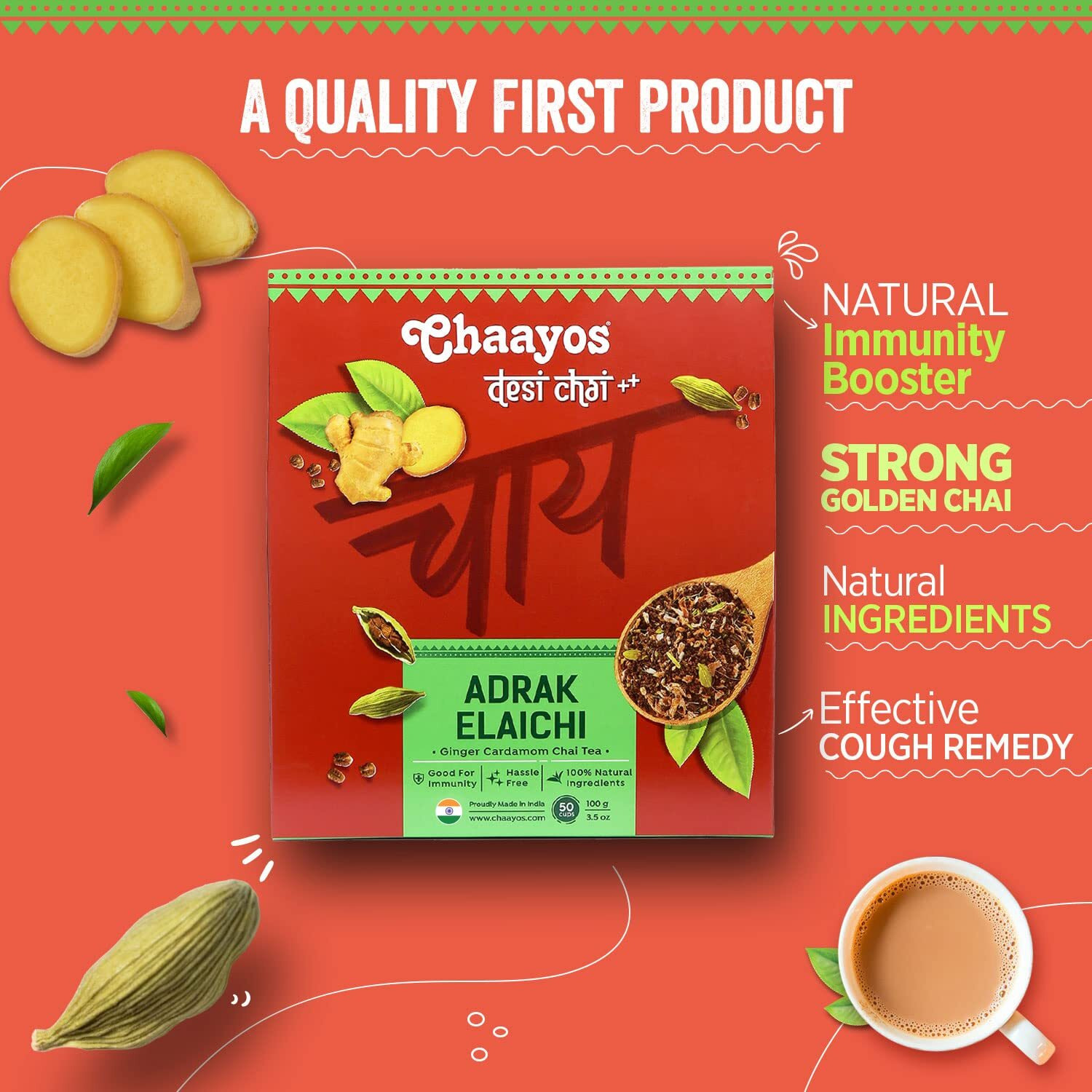 Chaayos Adrak Elaichi Tea (Ginger and Cardamom) - Premium Desi Chai Patti for Authentic Masala Flavour | Immunity Booster- 100g [50 Cups]