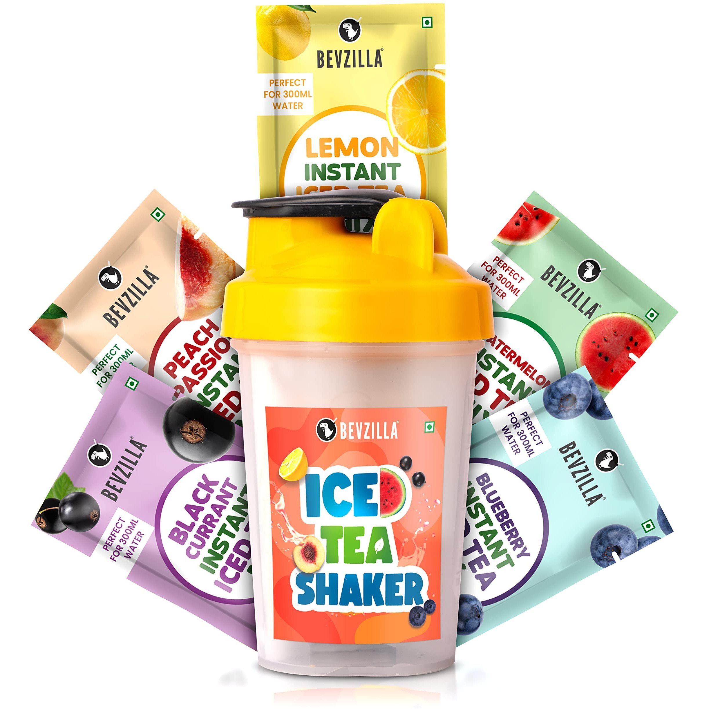 Bevzilla Instant Ice Tea & Bottle Pack With 5 Flavoured Sachets| Black Currant, Watermelon, Blueberry, Peach Passion & Lemon | Leak Proof