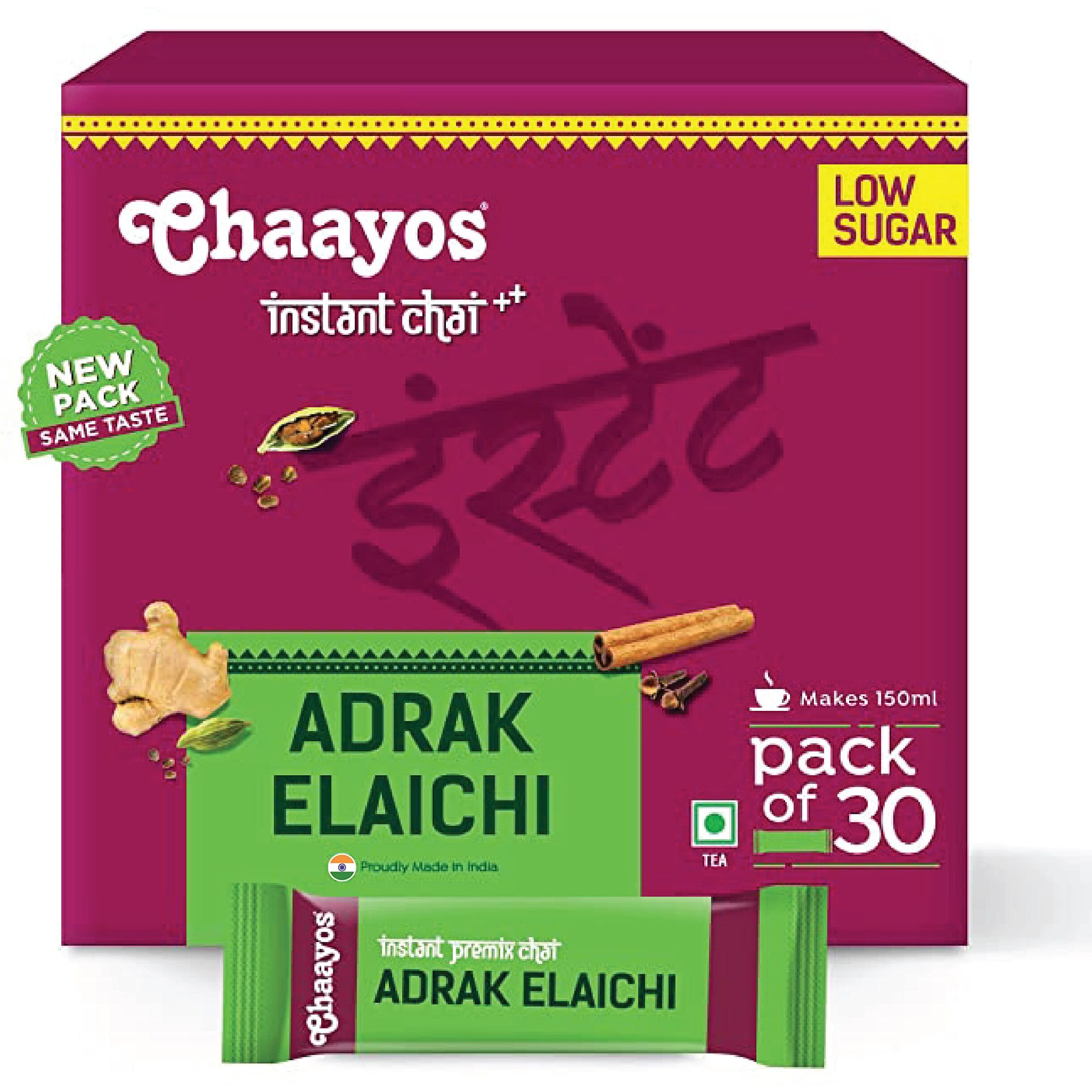 Chaayos Adrak Elachi Instant Tea Premix - Low Sugar (30 Sachets) | Instant Ginger Tea | Premix Adrak Elachi Sachets | Cardamom Chai