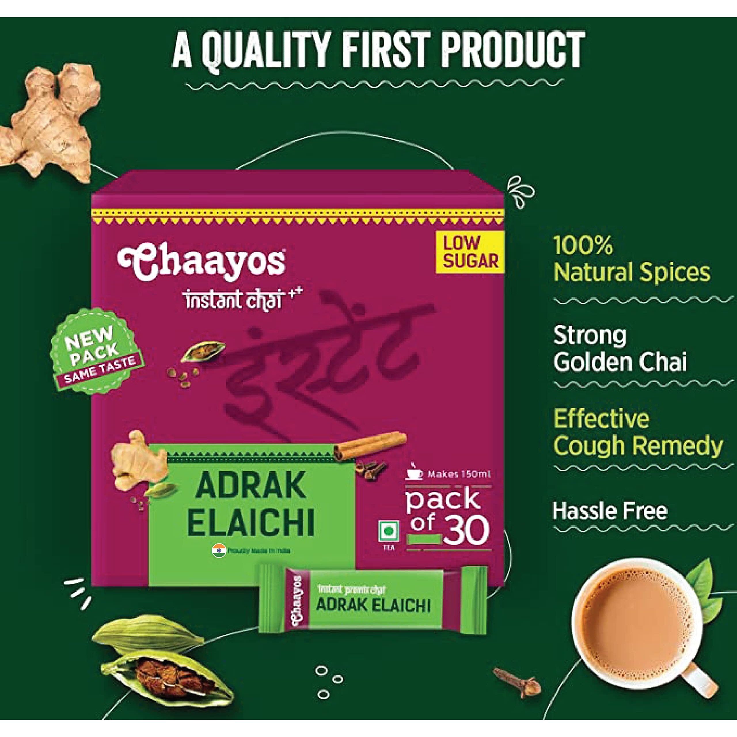 Chaayos Adrak Elachi Instant Tea Premix - Low Sugar (30 Sachets) | Instant Ginger Tea | Premix Adrak Elachi Sachets | Cardamom Chai