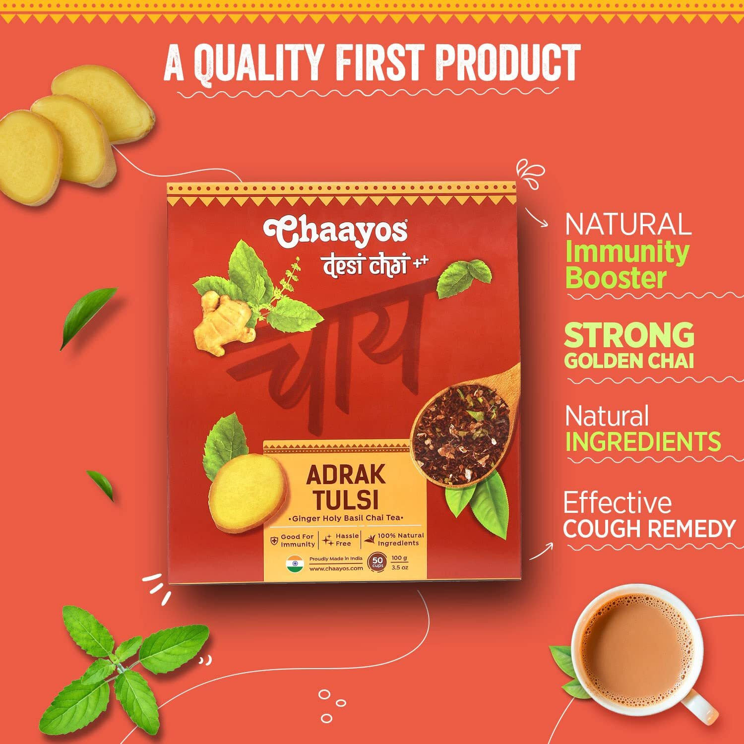 Chaayos Adrak Tulsi Tea - Immunity Boosting Chai Patti with Tulsi (Holy Basil) 100g