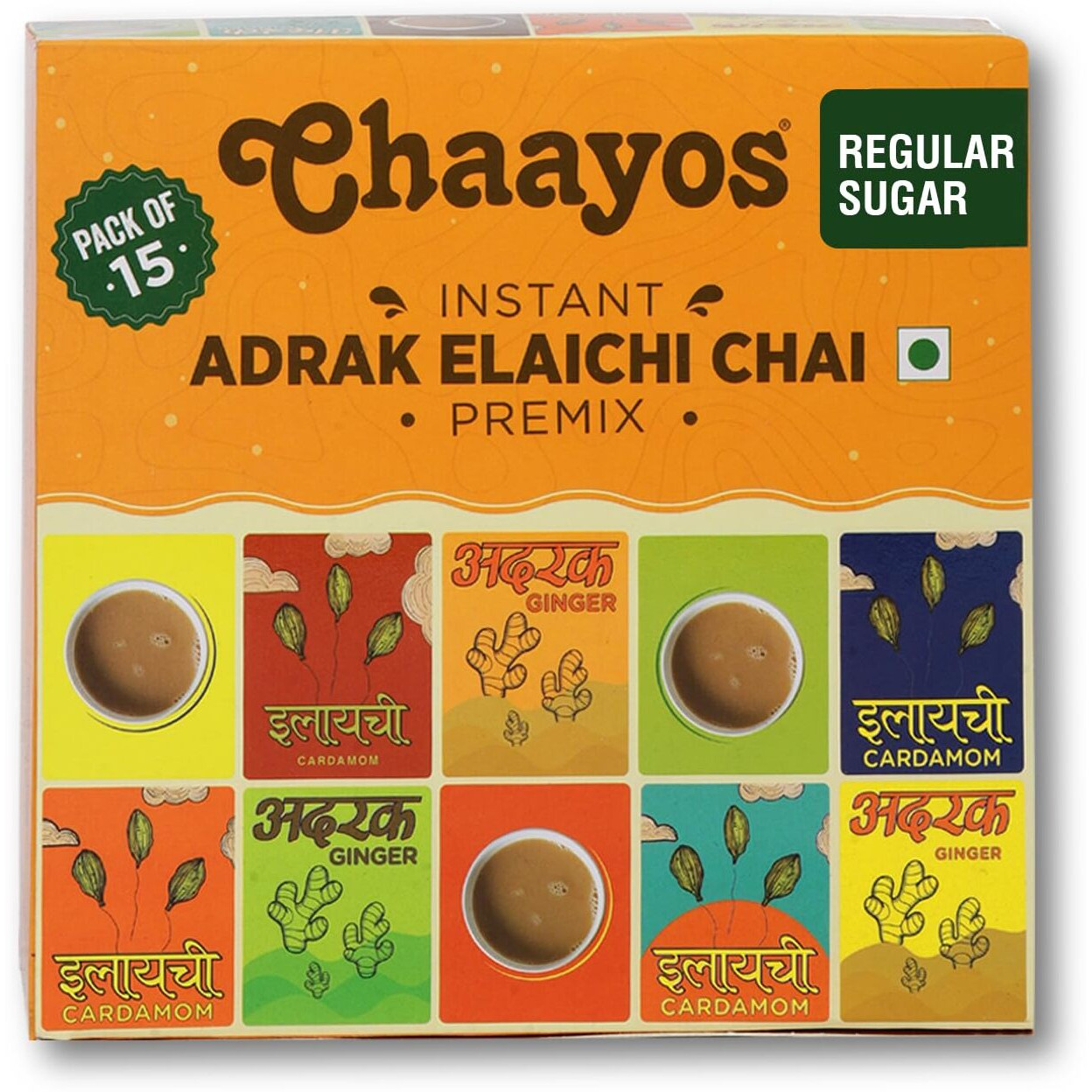 Chaayos Instant Tea Premix - Regular Sugar - Adrak Elaichi Chai (15 Sachets*22 grams 330 grams | Premix Ready Mix Tea | Assam Tea | Desi Chai | Flavoured Tea | Tea Mix