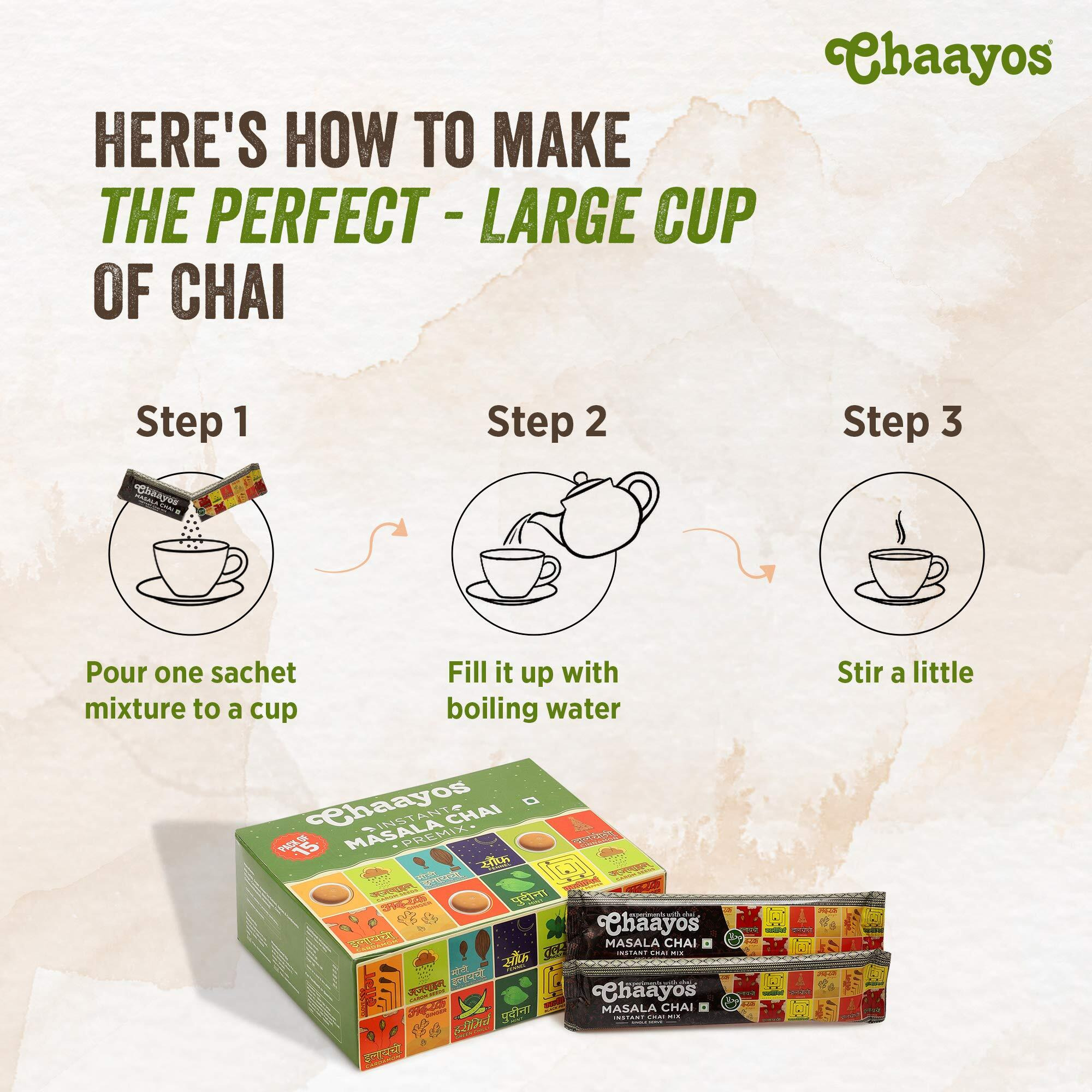 Chaayos Instant Tea Premix - Regular Sugar - Adrak Elaichi Chai (15 Sachets*22 grams 330 grams | Premix Ready Mix Tea | Assam Tea | Desi Chai | Flavoured Tea | Tea Mix