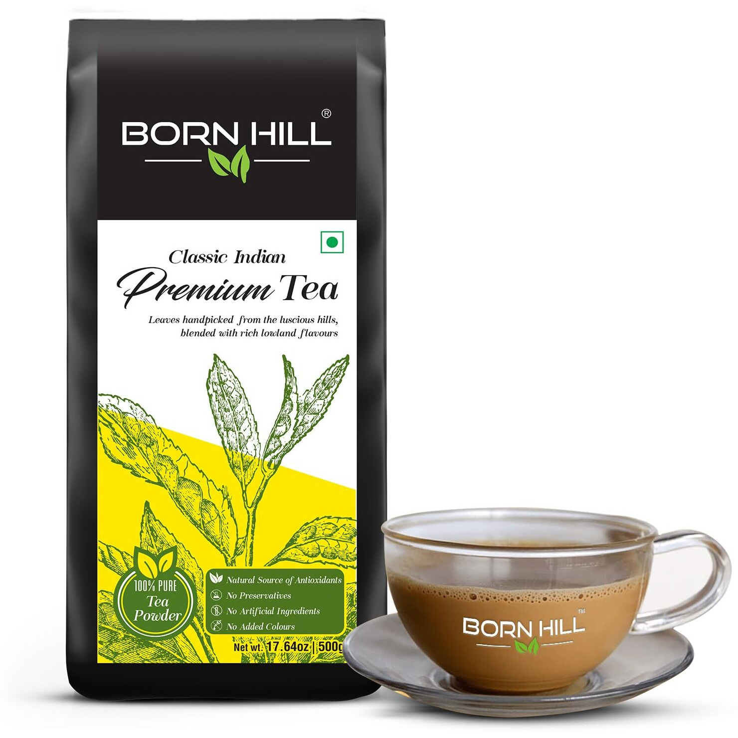 BORN HILL Premium Assam Tea Powder 500g Pack (Resealable)- 100% Natural, Fresh Blend with No Preservatives or Colors, Authentic Indian Flavor, Ideal for Morning & Evening Chai at Home, Office or Hotel