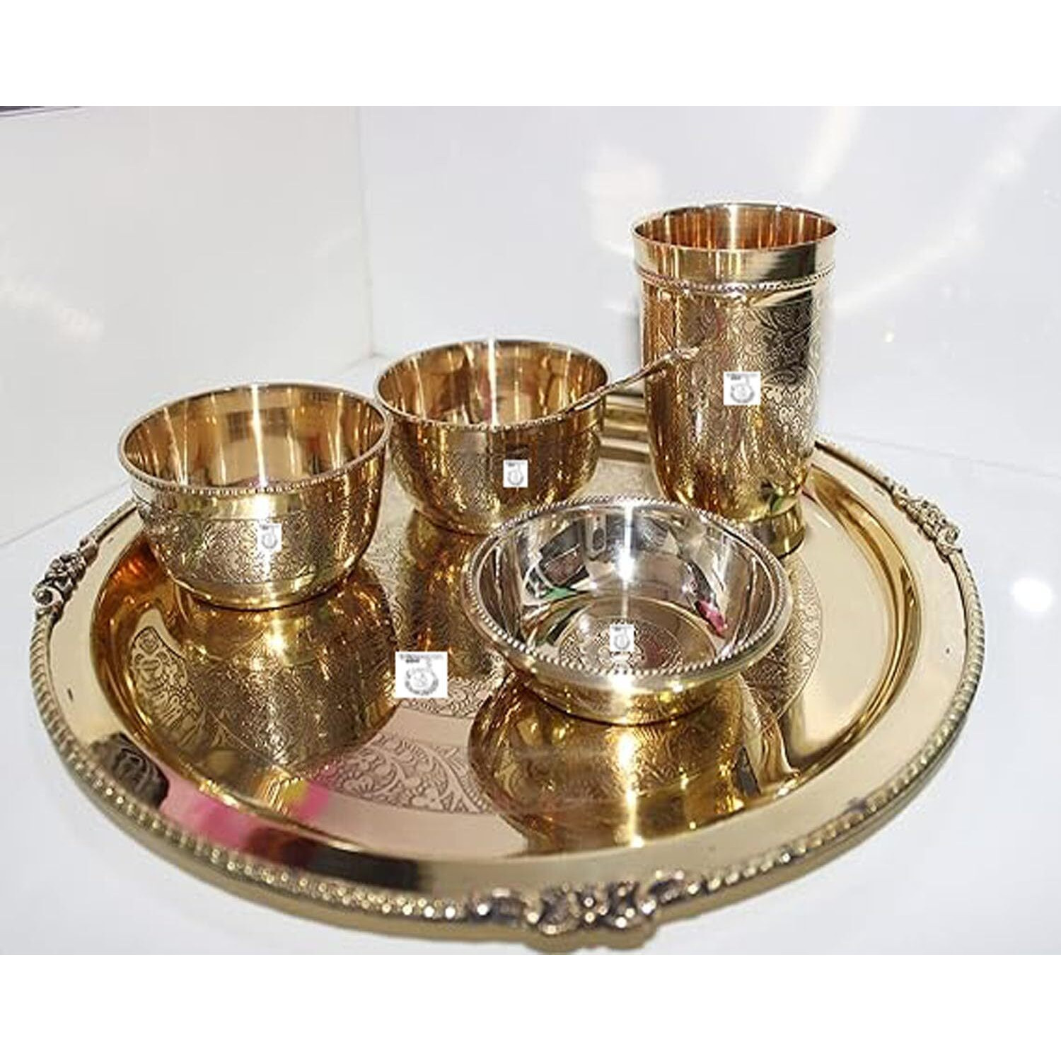 THATHERA Handmade Traditional Brass Thali Utensils Set Cooking, Serving, and Eating Food (Set of 6) Gold Color