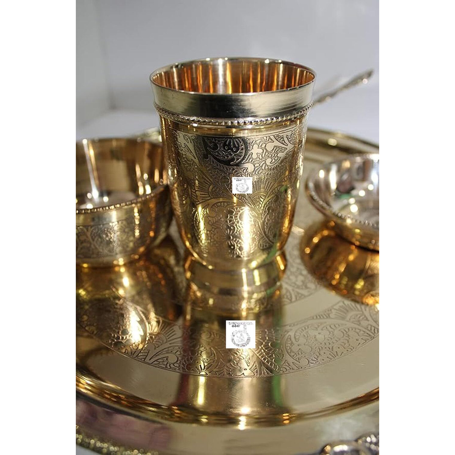 THATHERA Handmade Traditional Brass Thali Utensils Set Cooking, Serving, and Eating Food (Set of 6) Gold Color